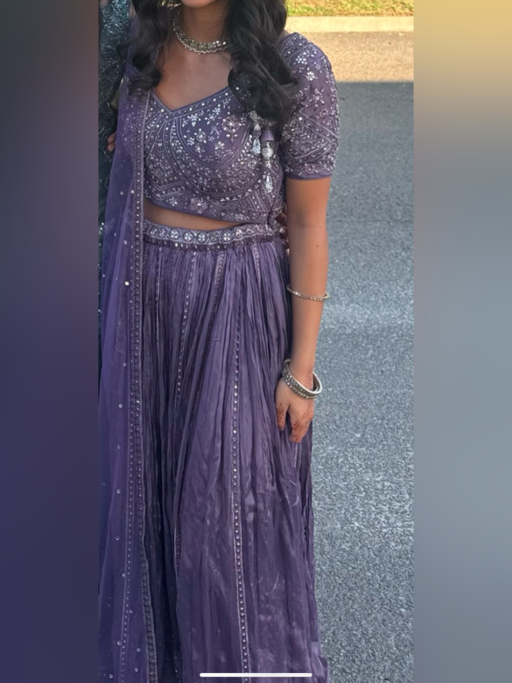 Indian Purple Lehenga 3-Piece Pleated Texture Sparkly Detailed Blouse Size XS